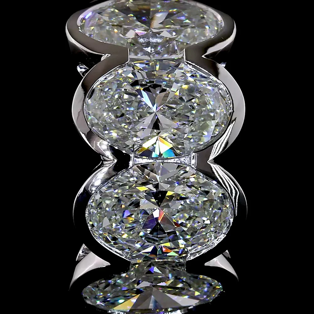 14K White Gold Oval Cut Lab Diamond Huggie Earrings with Half Bezel Setting - 5.28 Carats Total Diamond Weight - Covaloro Fine Jewelry - Image 3