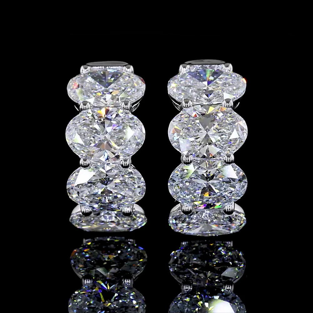 14K White Gold Oval Cut Lab Diamond Huggie Earrings with Prong Settings - 5.29 Carats Total Carat Weight - Covaloro Fine Jewelry
