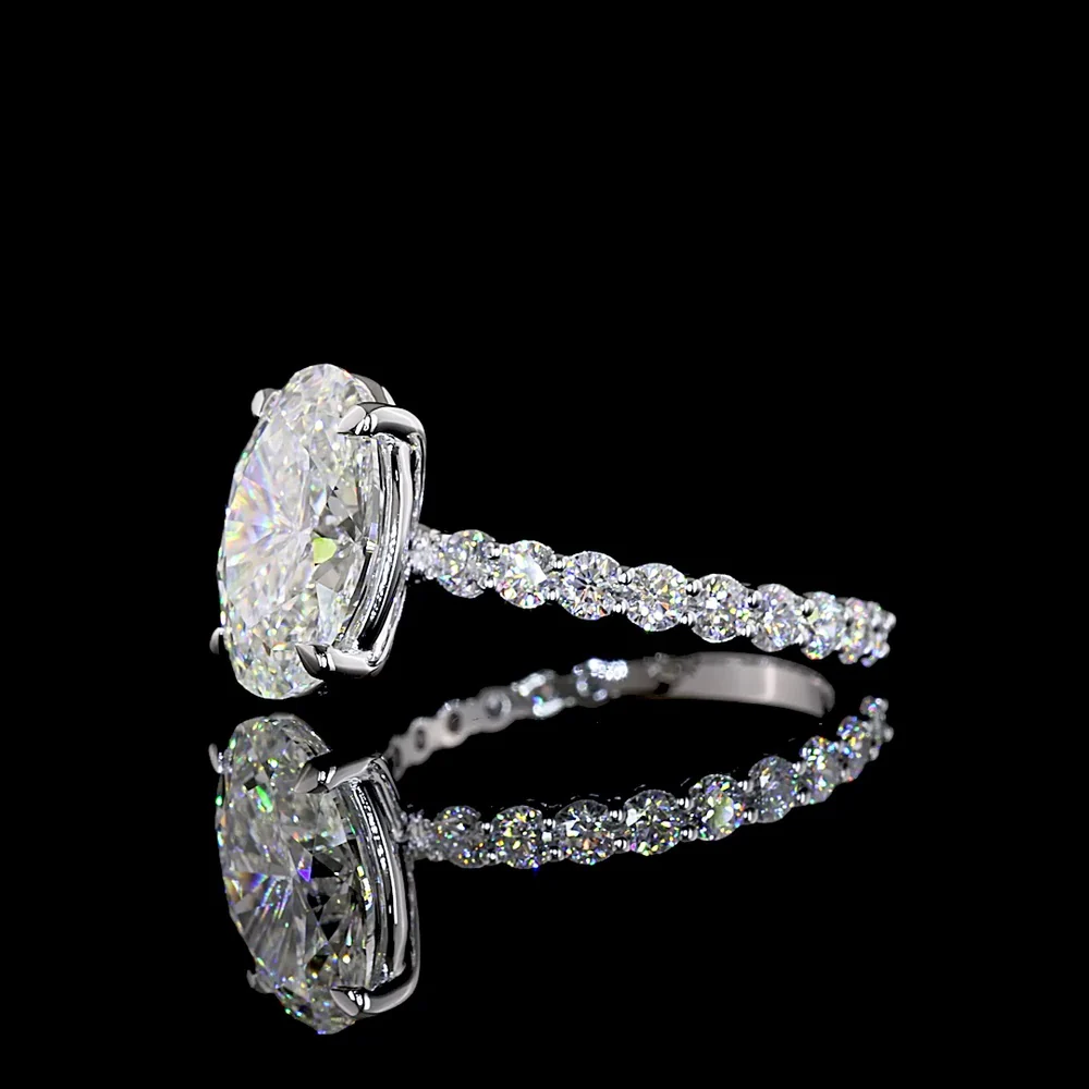 14K White Gold Oval Cut Lab Diamond Solitaire Ring with Diamond Shank - 3.58 Carat Center, 4.48 Carat Total Weight, E VVS2, IGI Certified - Covaloro Fine Jewelry - Image 4