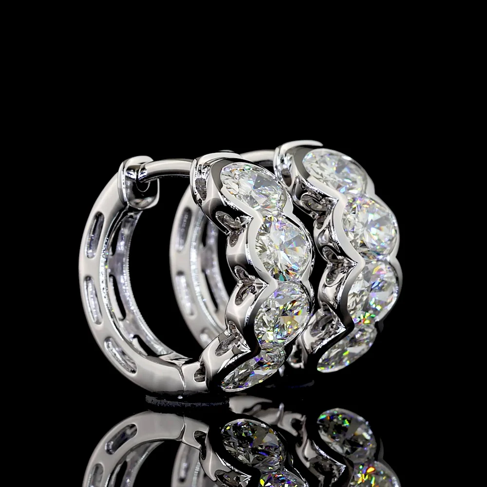 14K White Gold Oval Cut Lab-Grown Diamond Huggie Earrings with Half Bezel Setting - 2.08 Carats Total Diamond Weight - Covaloro Fine Jewelry