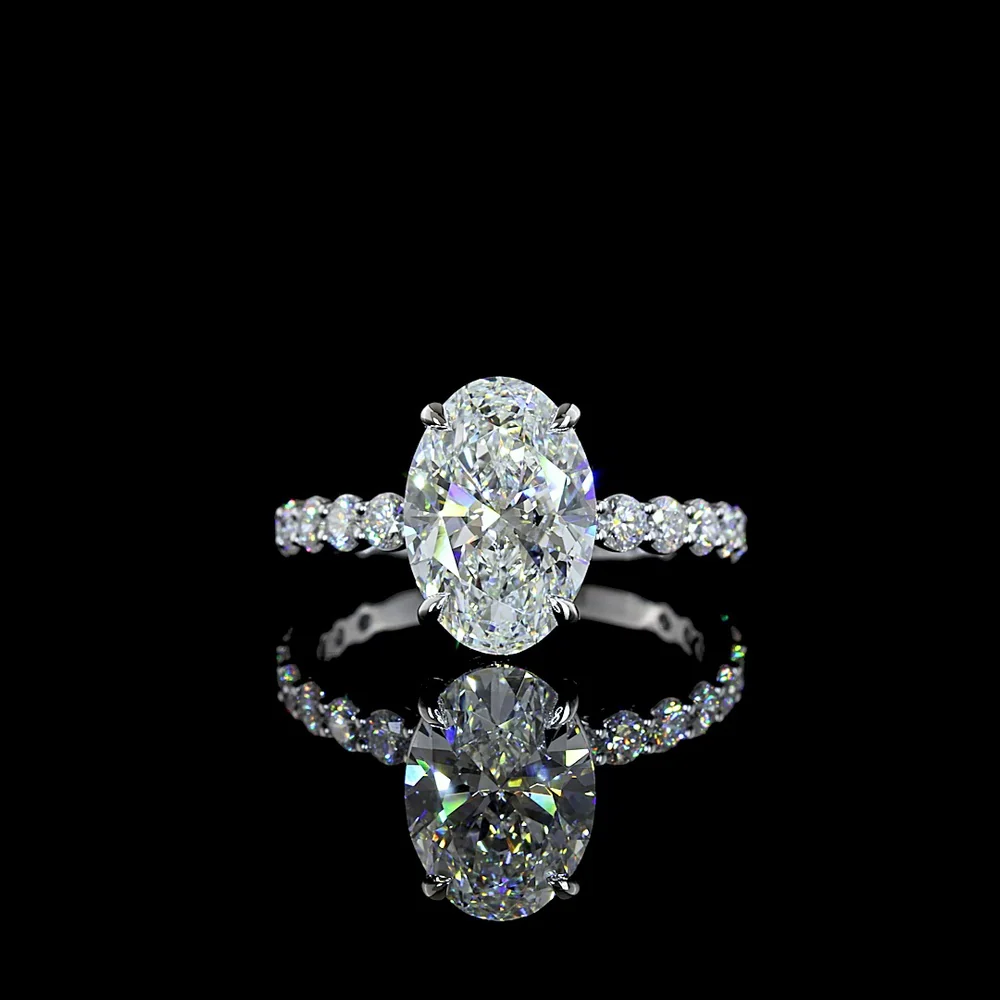 14K White Gold Oval Cut Solitaire Diamond Shank Ring with D VVS2 Center and Graduated Brilliant Side Stones - 3.95 Carat Total Weight (IGI Certified) - Covaloro Fine Jewelry