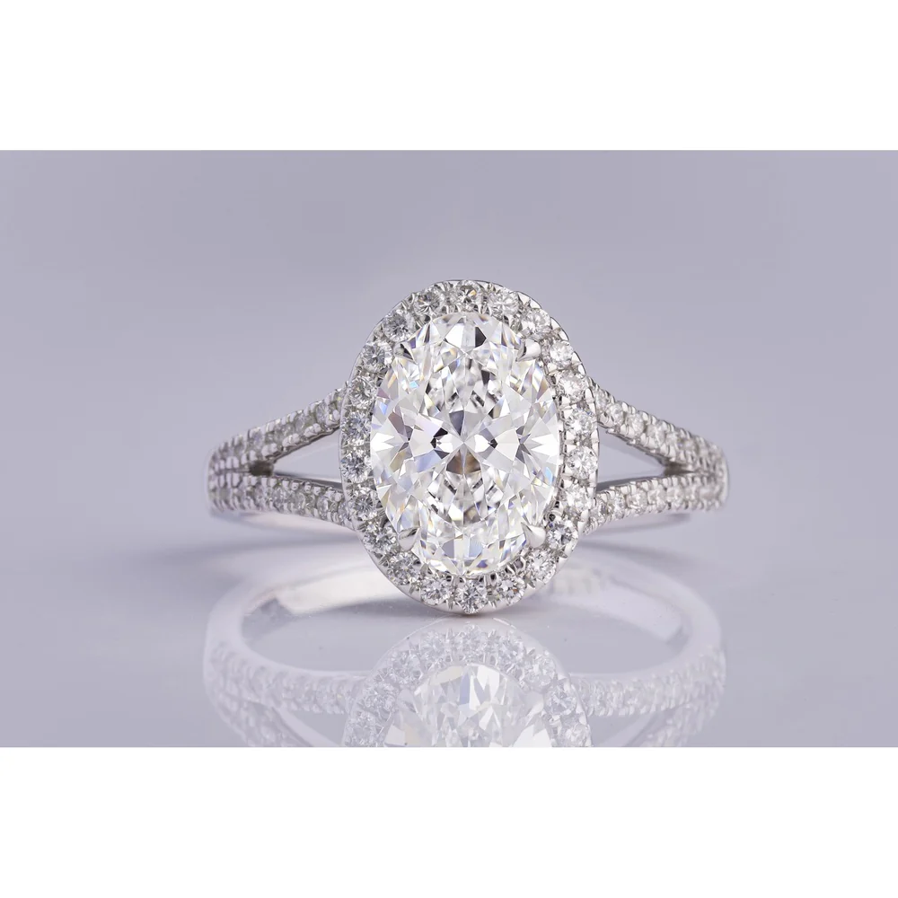 14K White Gold Oval Cut Split Shank Halo Ring with 1.53 Carat D VS1 Lab Diamond and 0.46 Carat Brilliant Accents - 1.99 Carat Total Diamond Weight - Covaloro Fine Jewelry - Image 2