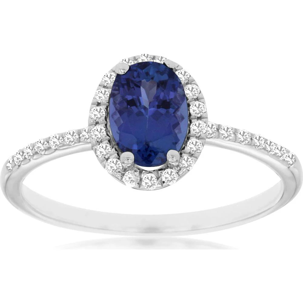 14K White Gold Oval Cut Tanzanite and Diamond Halo Ring - 0.84 Carat Tanzanite, 0.17 Carat Diamond Total Weight - Royal Jewelry
