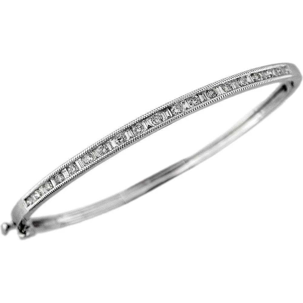 14K White Gold Oval Diamond Bangle with Baguette and Round Diamonds - 1.00 Carat Total Diamond Weight - Royal Jewelry