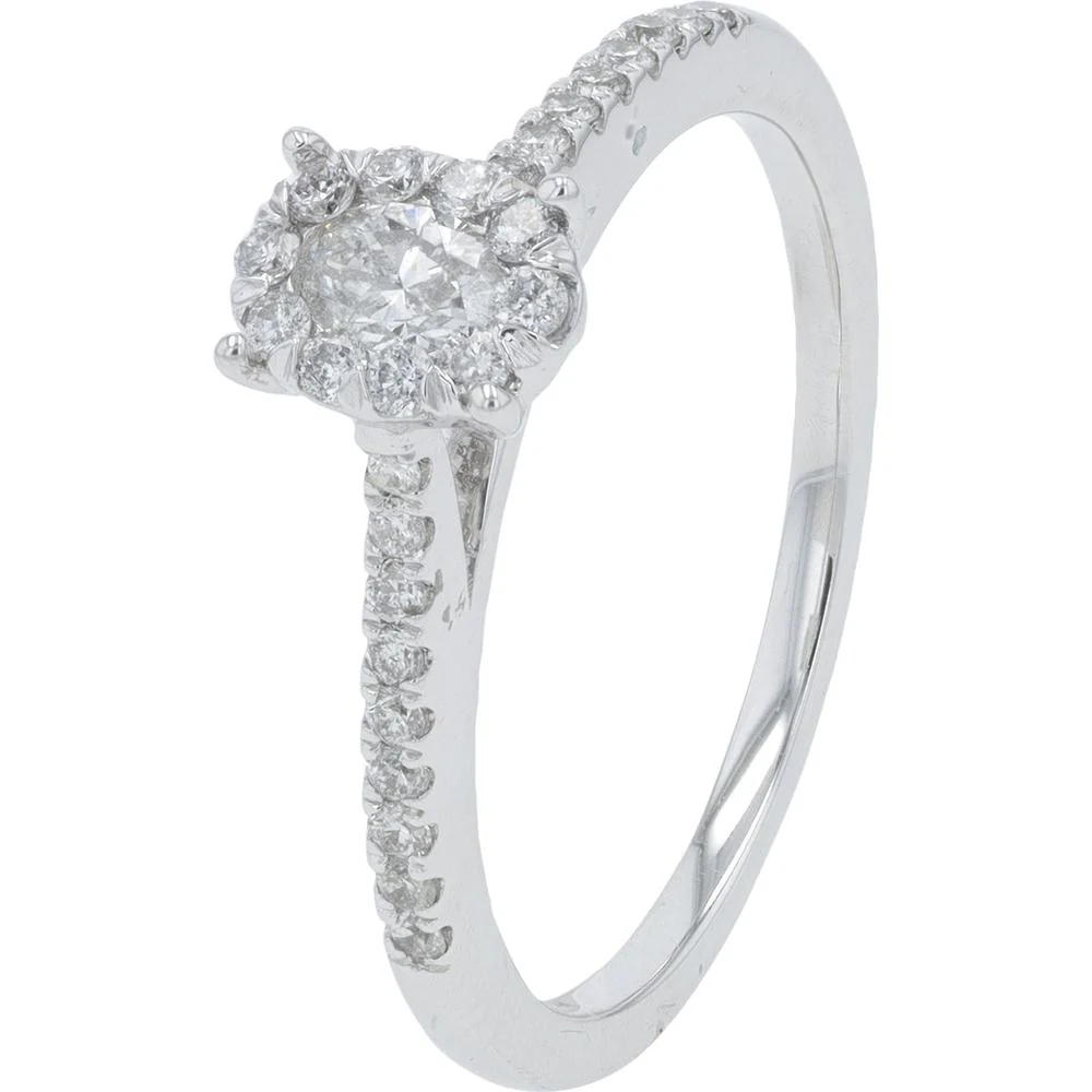 14K White Gold Oval Diamond Halo Ring - 0.50 Carat Total Diamond Weight