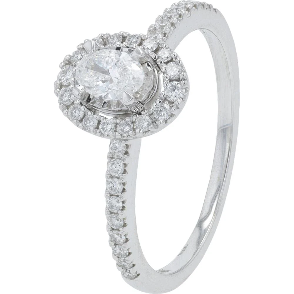 14K White Gold Oval Diamond Halo Ring with 0.50 Carat Total Diamond Weight