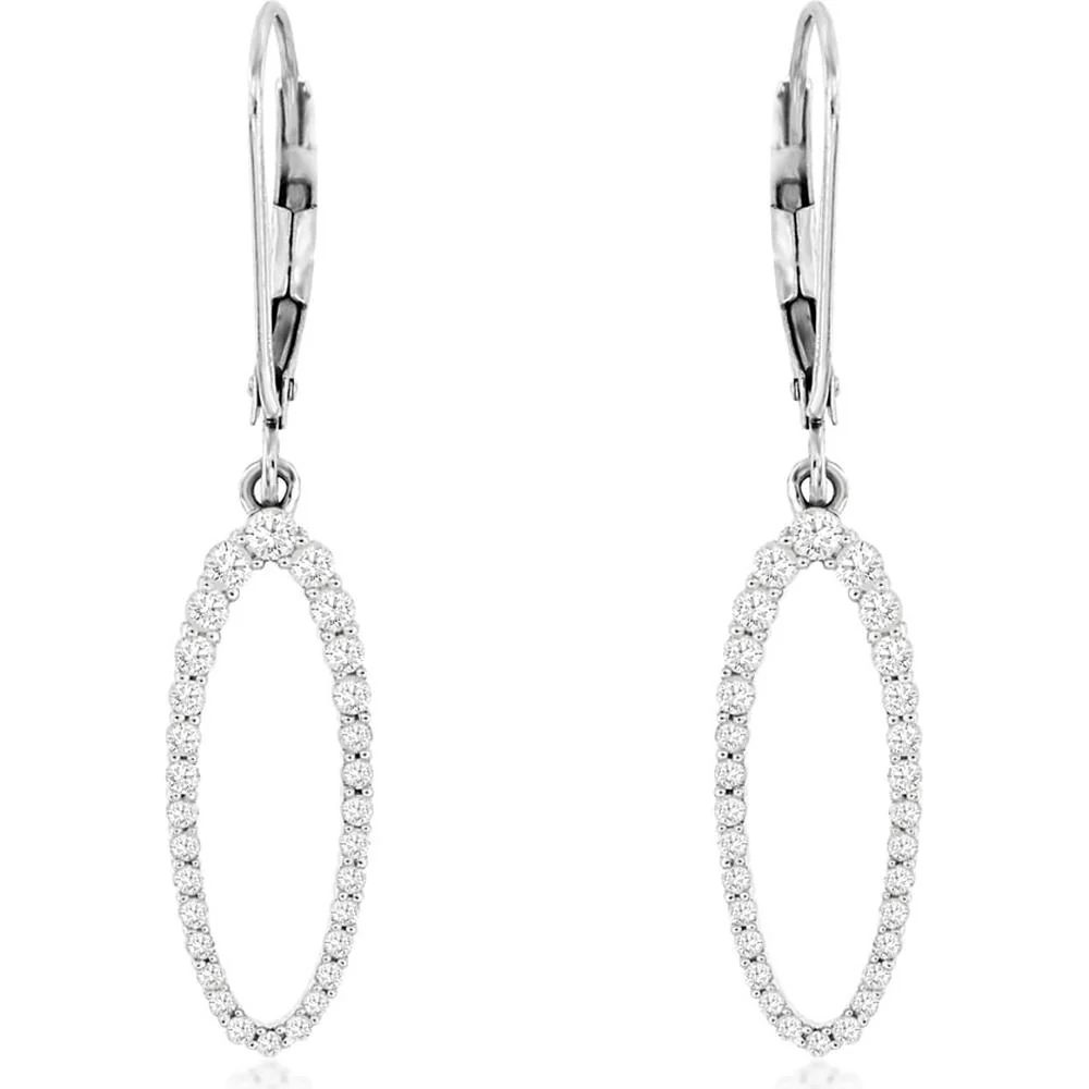 14K White Gold Oval Drop Earrings with Diamond Halo - 0.50 Carats Total Diamond Weight - Royal Jewelry