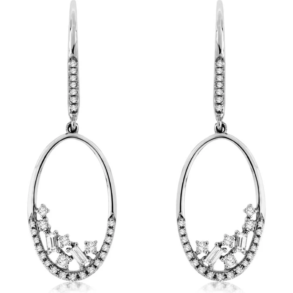 14K White Gold Oval Drop Earrings with Round and Baguette Diamonds - 0.37 Carats Total Diamond Weight - Royal Jewelry