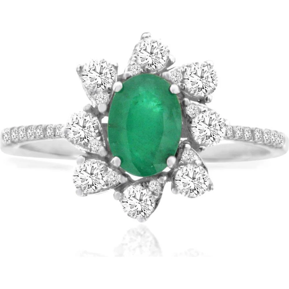 14K White Gold Oval Emerald and Diamond Floral Halo Ring with Diamond Accent Band - 0.70 Carat Emerald and 0.50 Carat Total Diamond Weight - Royal Jewelry