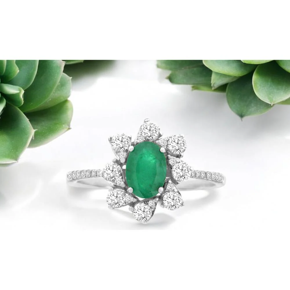 14K White Gold Oval Emerald and Diamond Floral Halo Ring with Diamond Accent Band - 0.70 Carat Emerald and 0.50 Carat Total Diamond Weight - Royal Jewelry - Image 2