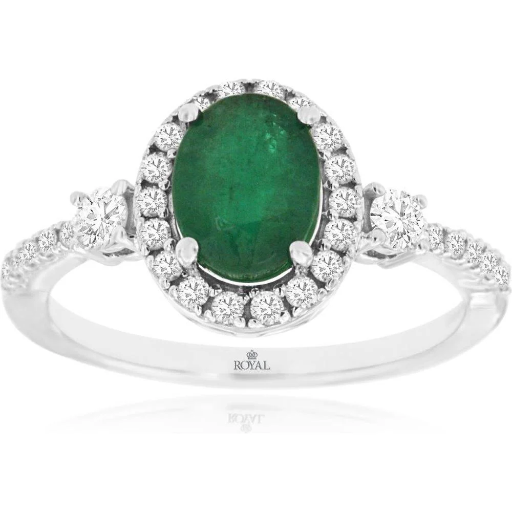 14K White Gold Oval Emerald and Diamond Halo Ring with 1.10 Carat Emerald and 0.40 Carat Total Diamond Weight - Royal Jewelry