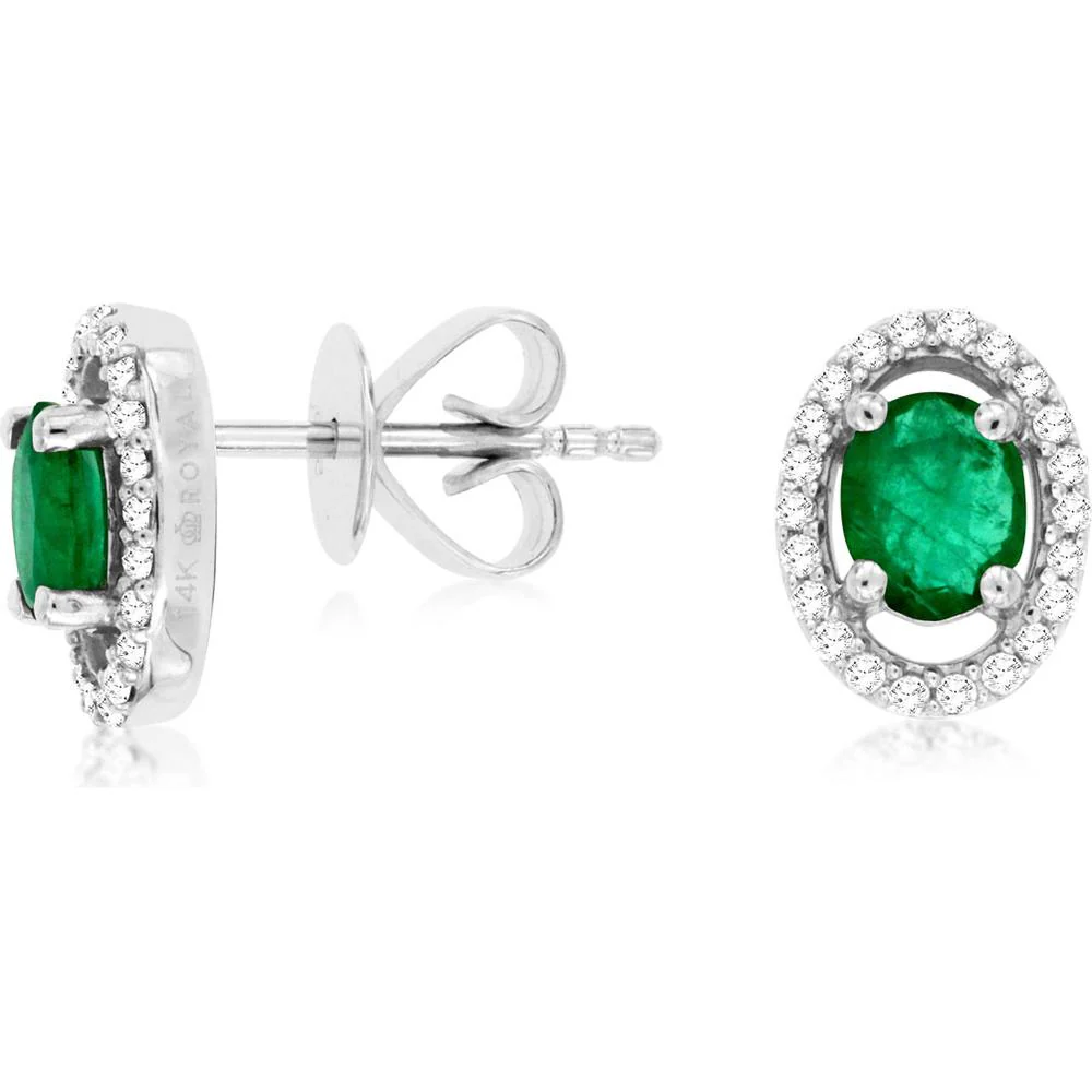 14K White Gold Oval Emerald & Diamond Halo Stud Earrings - 0.72 Carats Total Gem Weight - Royal Jewelry