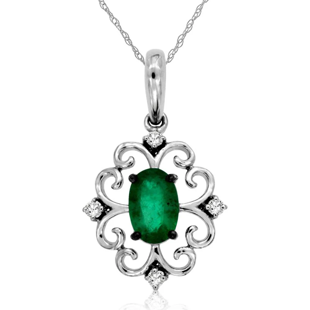 14K White Gold Oval Emerald Pendant with Diamond Accents - 0.44 Carat Emerald and 0.04 Carat Total Diamond Weight - Royal Jewelry