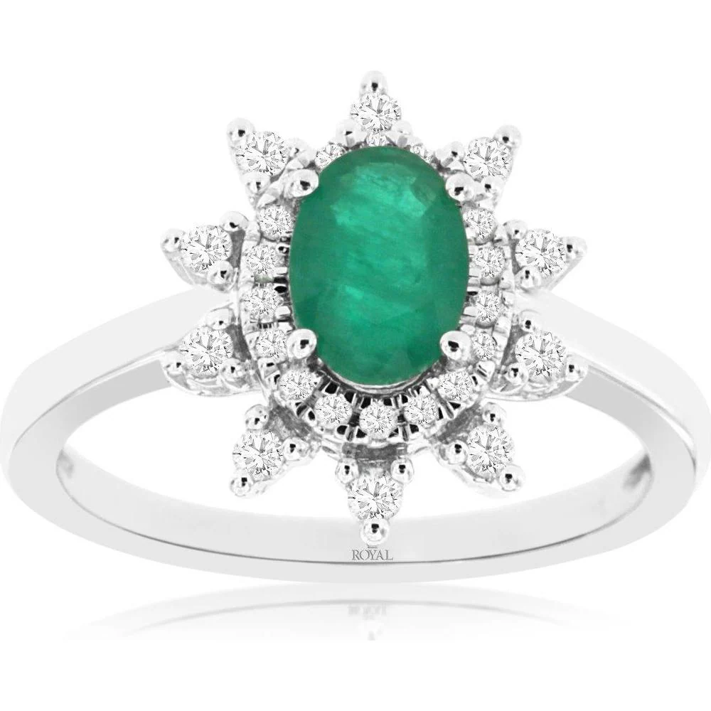 14K White Gold Oval Emerald Ring with Diamond Halo - 0.75 Carat Emerald & 0.25 Carat Total Diamond Weight - Royal Jewelry