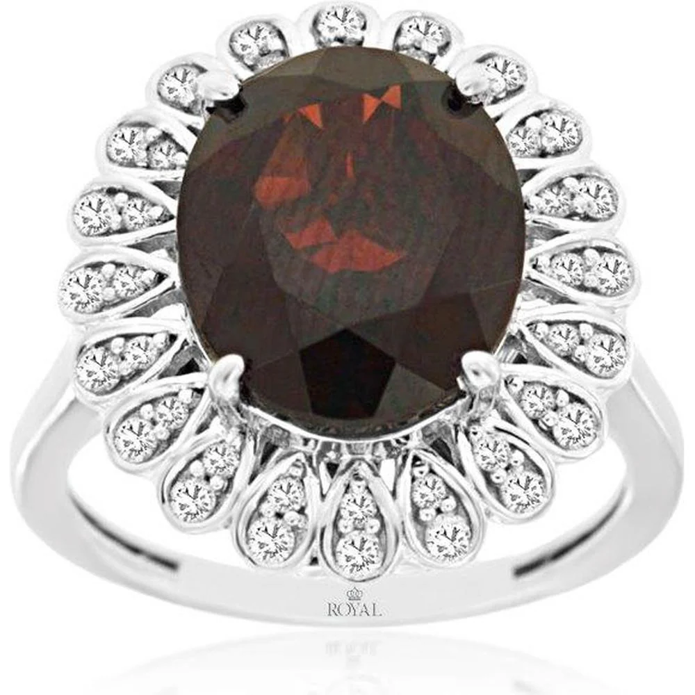 14K White Gold Oval Garnet and Diamond Halo Ring with 5.50 Carat Garnet and 0.33 Carat Total Diamond Weight - Royal Jewelry