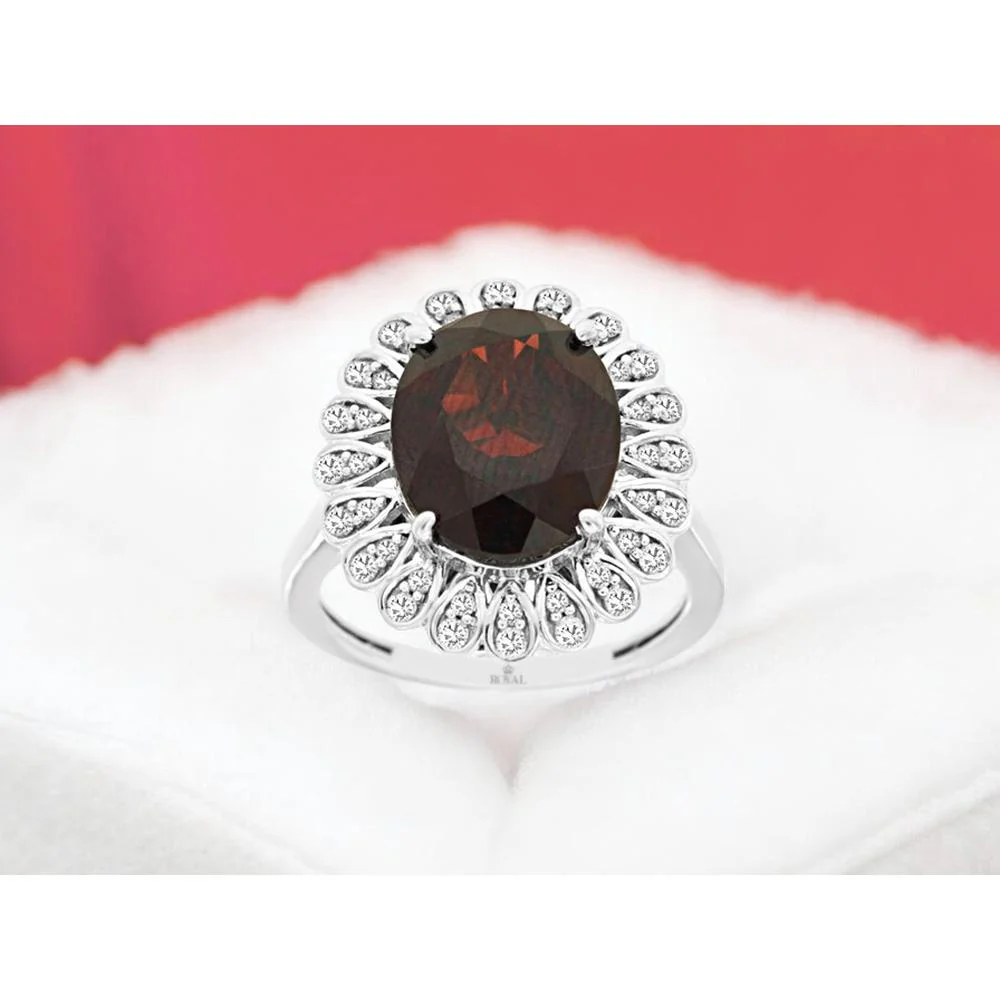 14K White Gold Oval Garnet and Diamond Halo Ring with 5.50 Carat Garnet and 0.33 Carat Total Diamond Weight - Royal Jewelry - Image 2