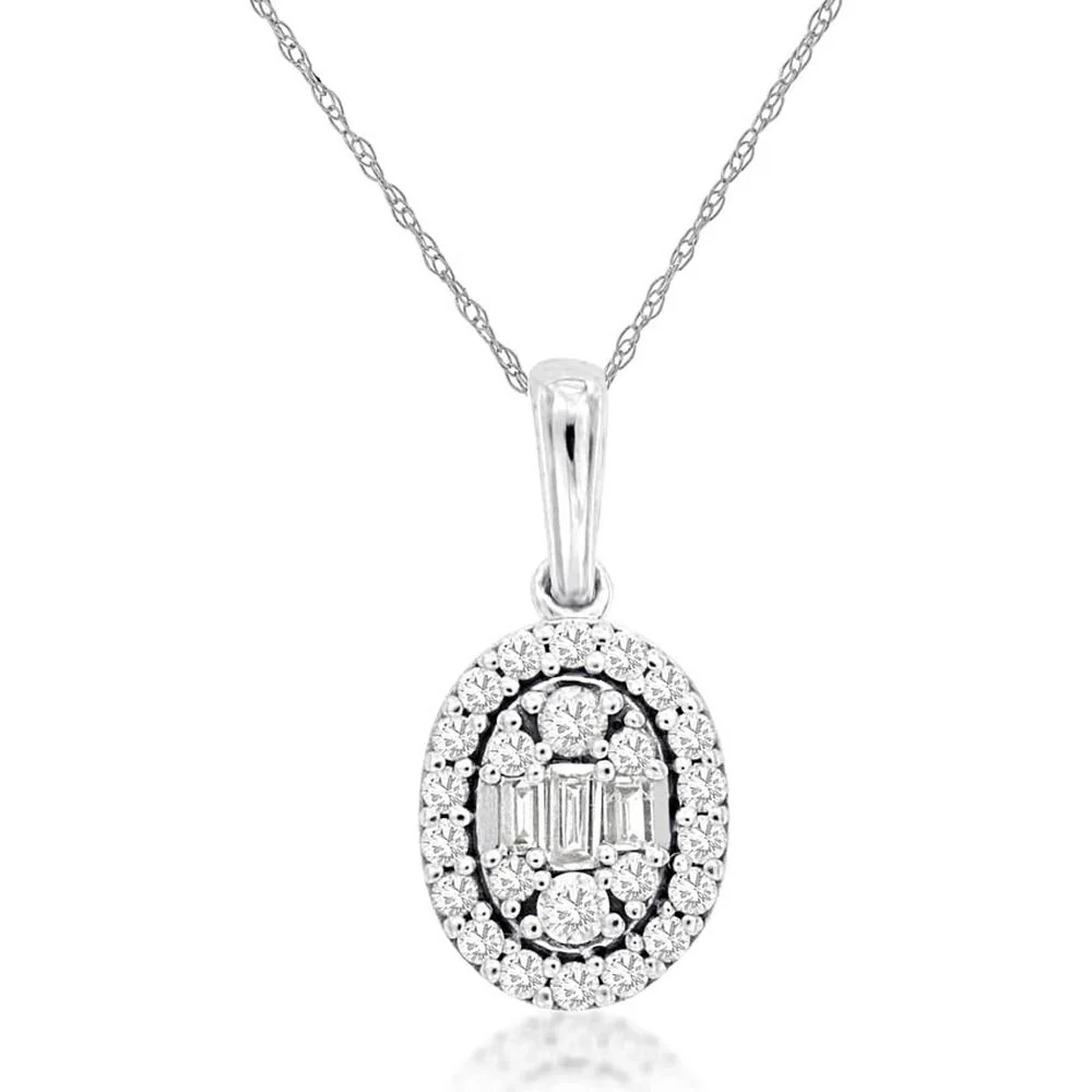 14K White Gold Oval Halo Pendant with Baguette and Round Diamond Cluster - 0.19 Carat Total Diamond Weight - Royal Jewelry