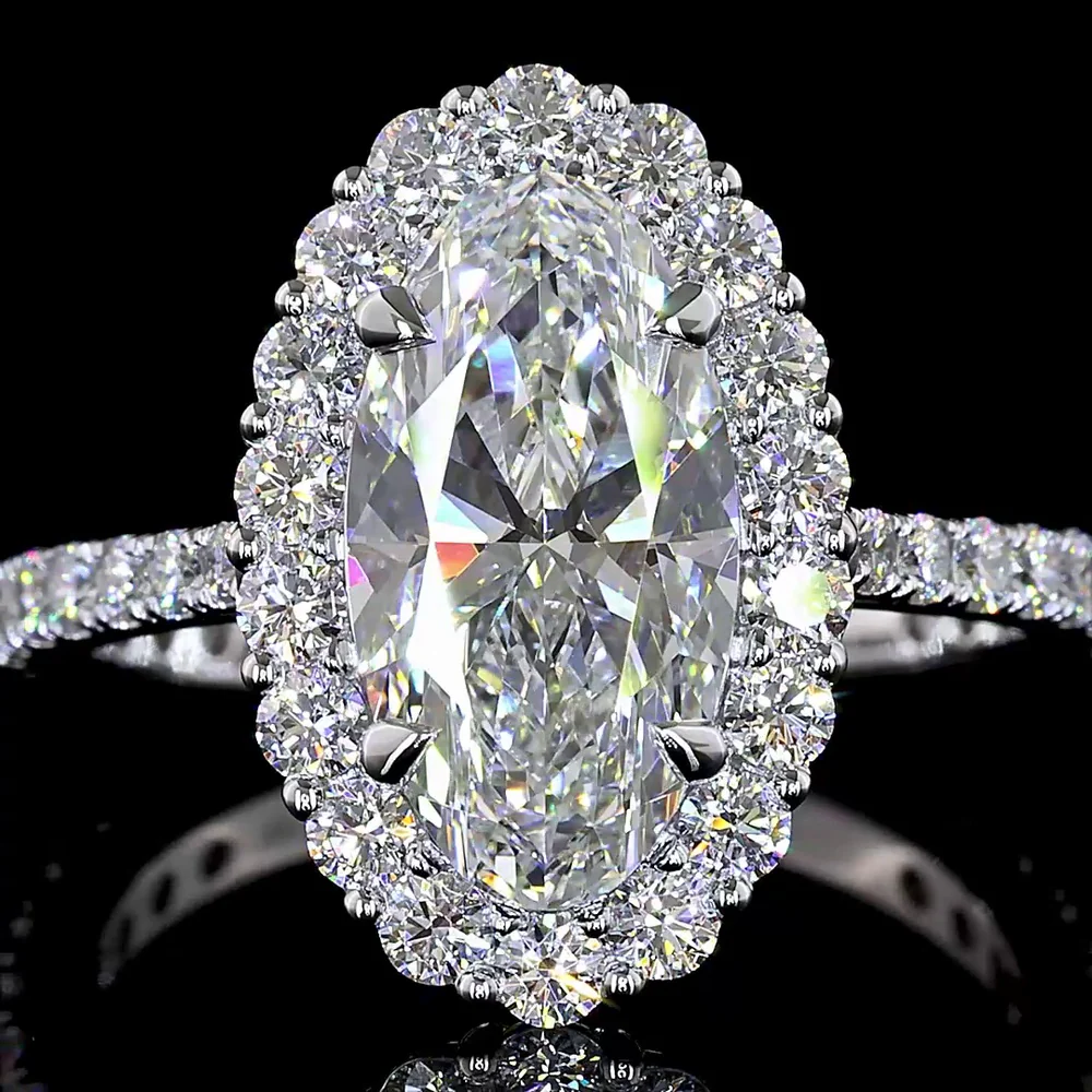 14K White Gold Oval Halo Ring with 2.18 Carat Moval Cut Lab Diamond Center and Pavé Band - 3.07 Total Carat Weight - Covaloro Fine Jewelry - Image 2