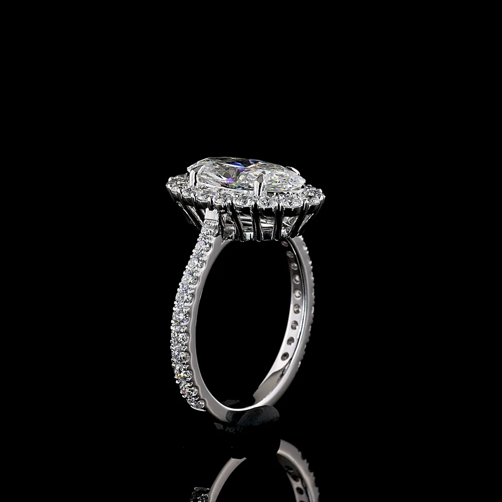 14K White Gold Oval Halo Ring with 2.18 Carat Moval Cut Lab Diamond Center and Pavé Band - 3.07 Total Carat Weight - Covaloro Fine Jewelry - Image 4