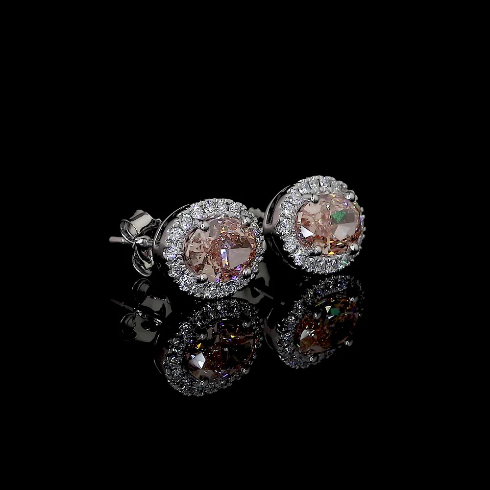 14K White Gold Oval Halo Stud Earrings with Fancy Orangy Pink Lab Diamonds - 1.61 Total Carat Weight - Covaloro Fine Jewelry