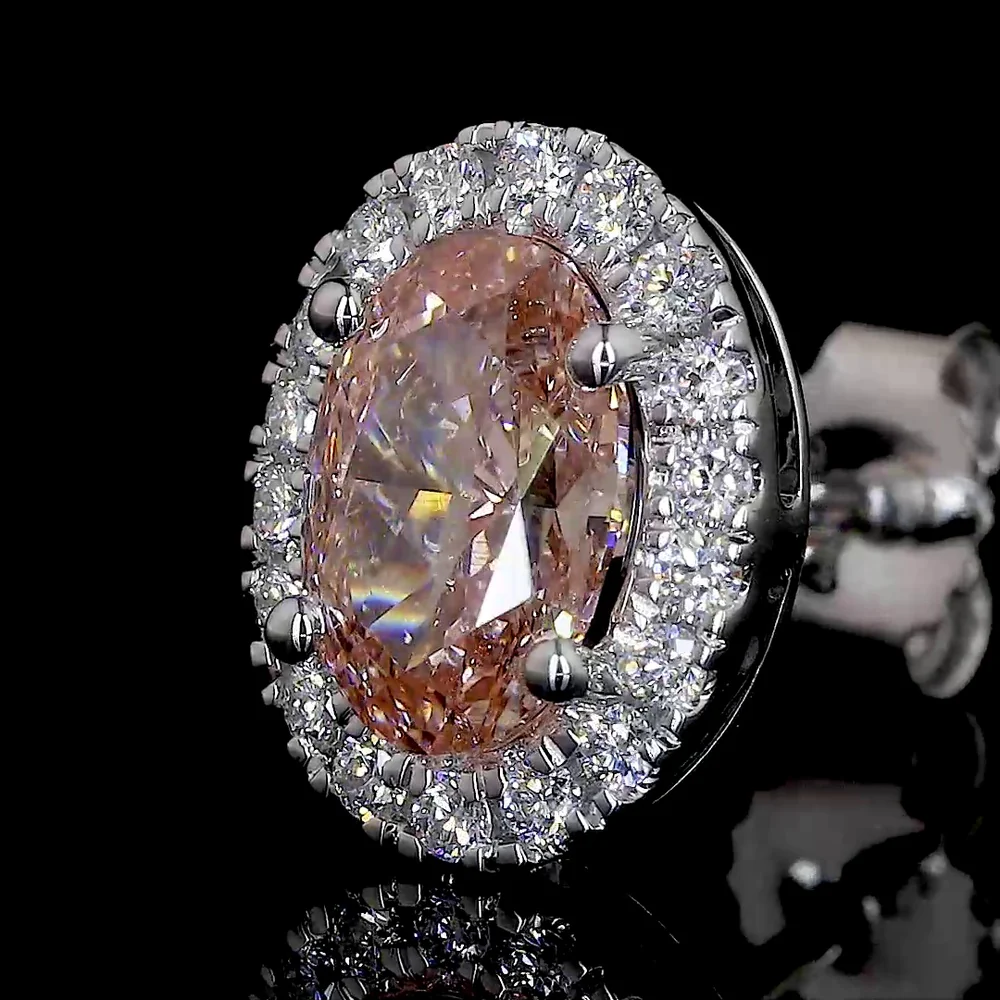 14K White Gold Oval Halo Stud Earrings with Fancy Orangy Pink Lab Diamonds - 1.61 Total Carat Weight - Covaloro Fine Jewelry - Image 2