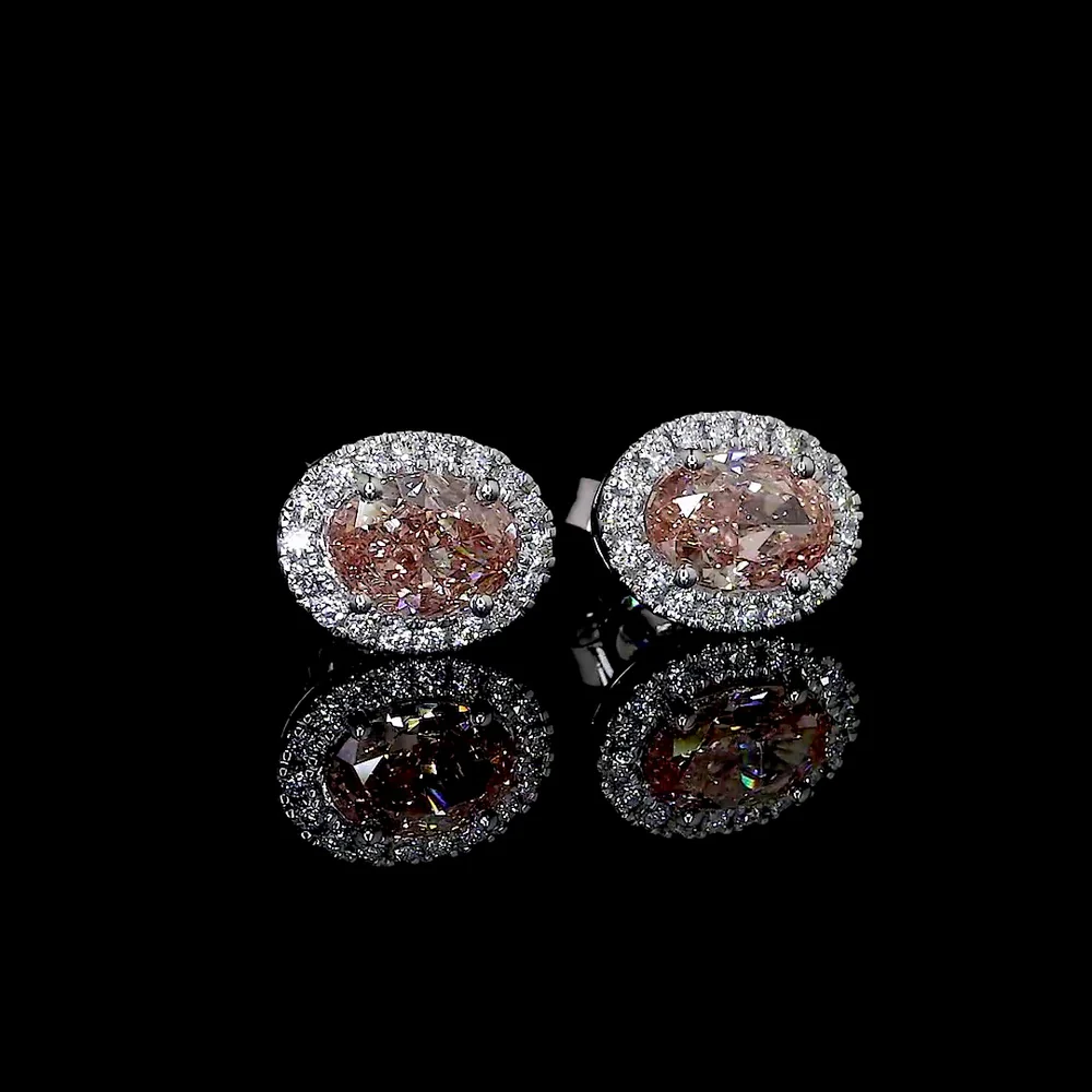 14K White Gold Oval Halo Stud Earrings with Fancy Orangy Pink Lab Diamonds - 1.61 Total Carat Weight - Covaloro Fine Jewelry - Image 3