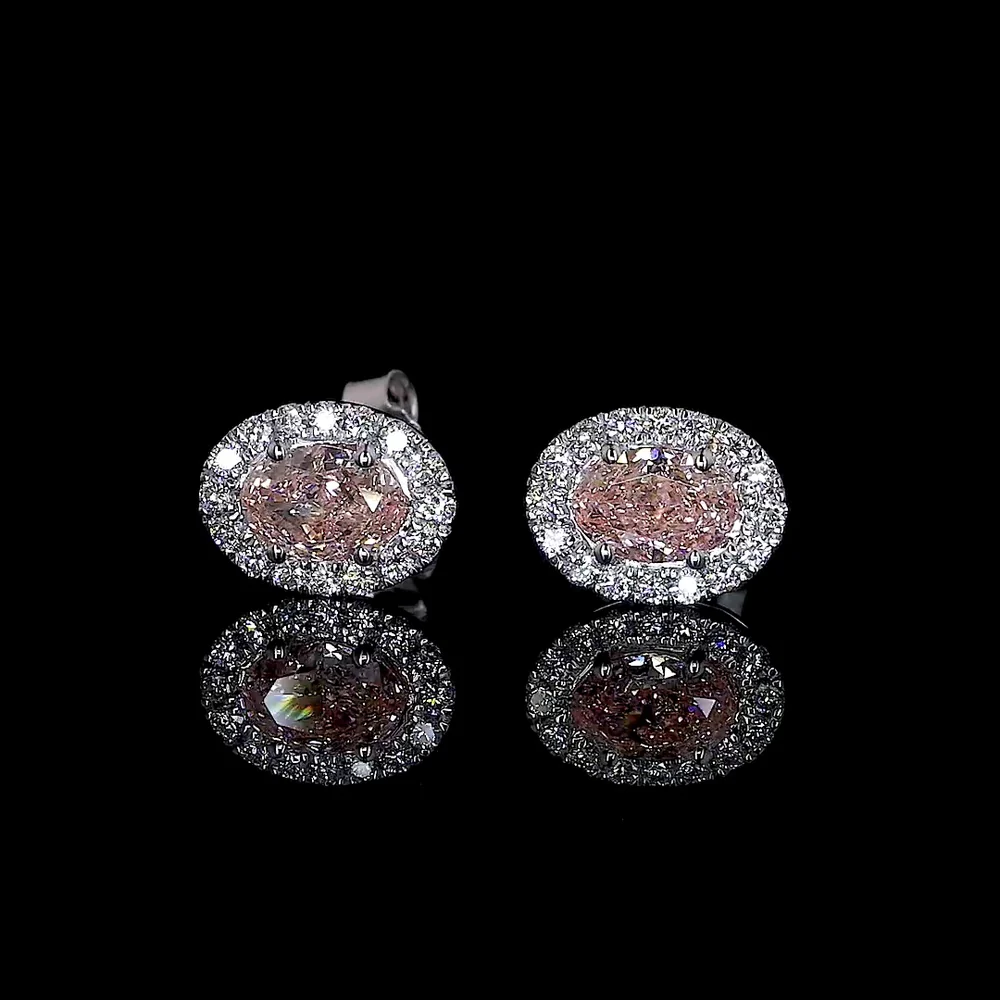 14K White Gold Oval Halo Stud Earrings with Fancy Orangy Pink Lab Diamonds and White Diamond Halo - 1.88 Carats Total Diamond Weight - Covaloro Fine Jewelry