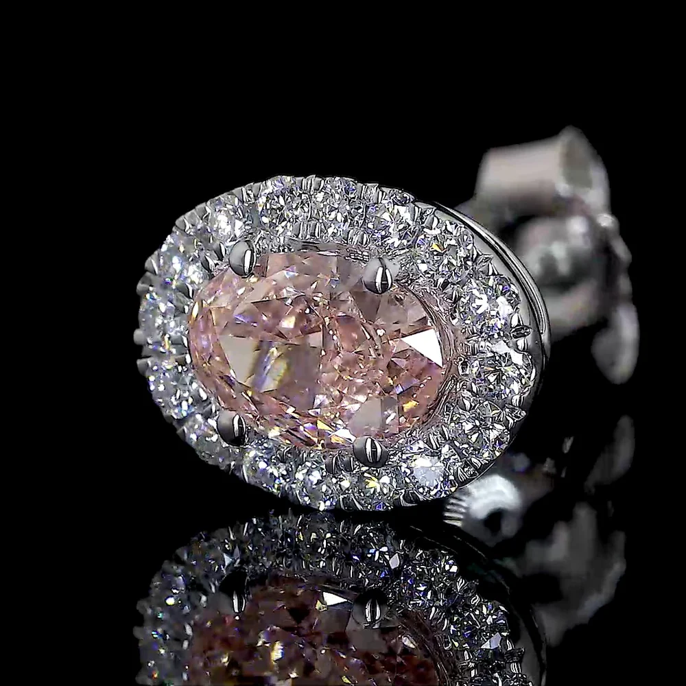 14K White Gold Oval Halo Stud Earrings with Fancy Orangy Pink Lab Diamonds and White Diamond Halo - 1.88 Carats Total Diamond Weight - Covaloro Fine Jewelry - Image 2