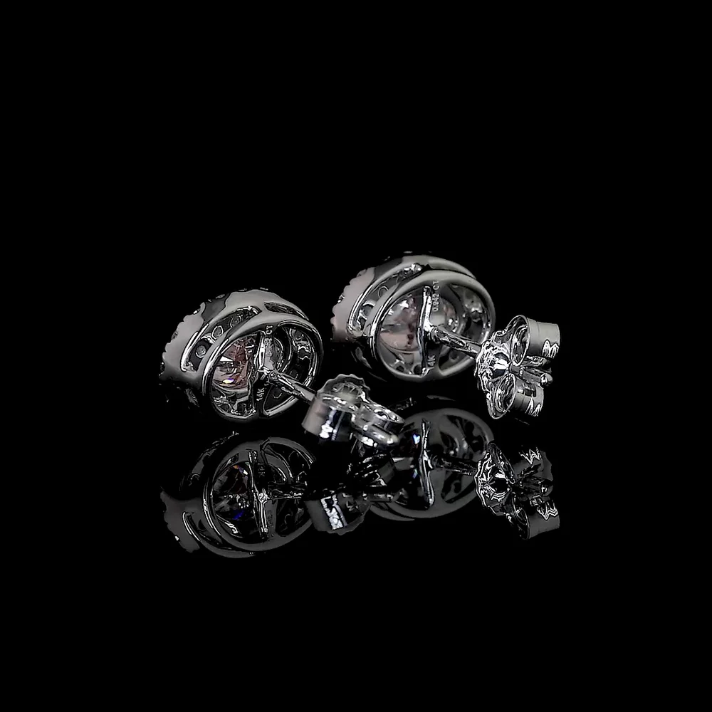 14K White Gold Oval Halo Stud Earrings with Fancy Orangy Pink Lab Diamonds and White Diamond Halo - 1.88 Carats Total Diamond Weight - Covaloro Fine Jewelry - Image 3