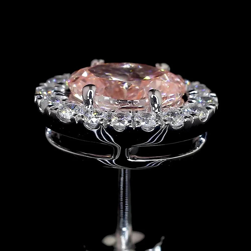 14K White Gold Oval Halo Stud Earrings with Fancy Orangy Pink Lab Diamonds and White Diamond Halo - 1.88 Carats Total Diamond Weight - Covaloro Fine Jewelry - Image 4