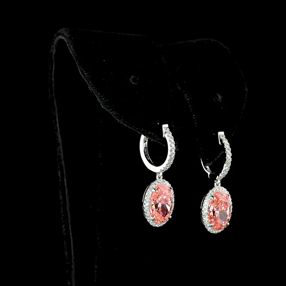 14K White Gold Oval Hanging Earrings with Fancy Pink Lab Diamond Center and Round Brilliant Halo - 4.66 Total Carat Weight - Covaloro Fine Jewelry
