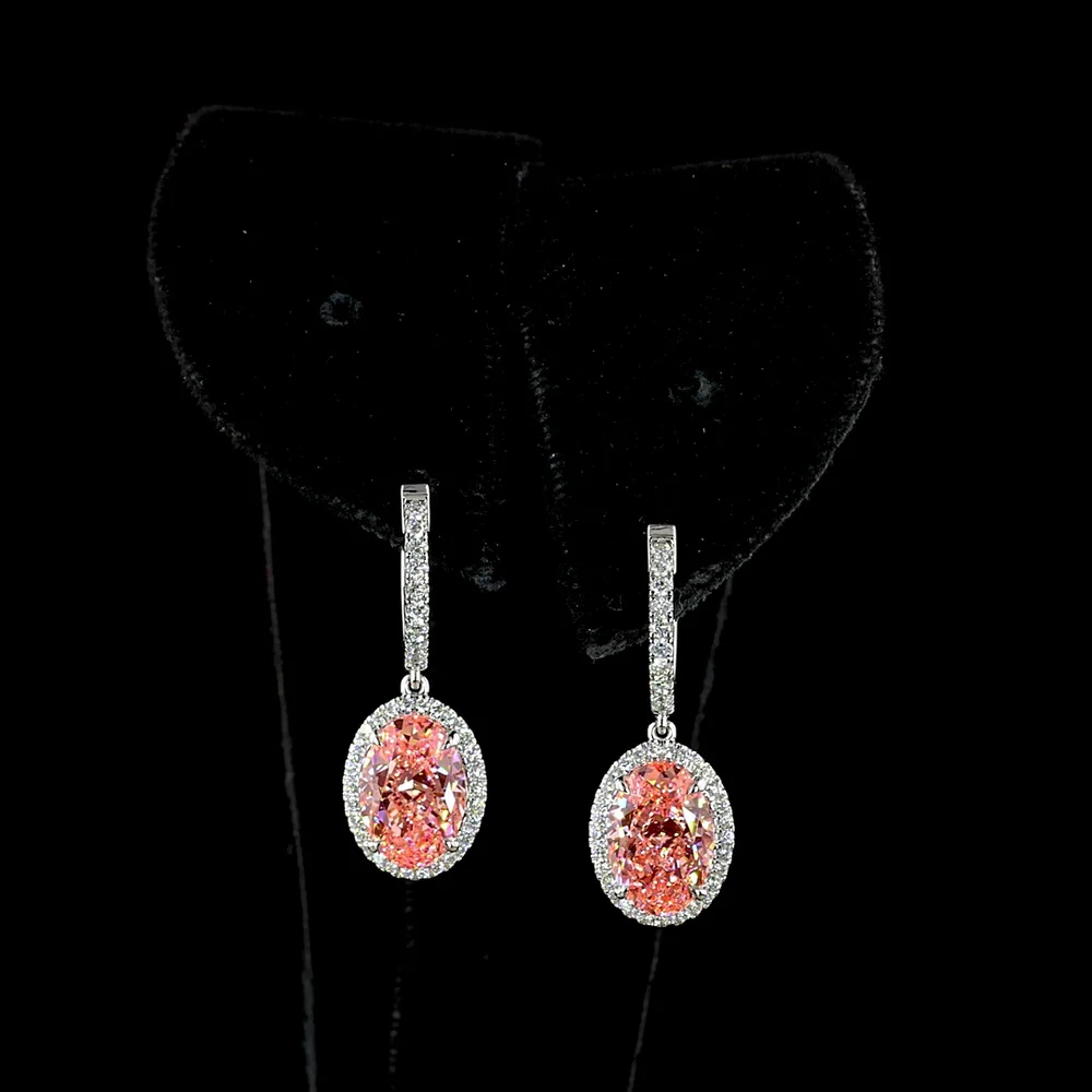 14K White Gold Oval Hanging Earrings with Fancy Pink Lab Diamond Center and Round Brilliant Halo - 4.66 Total Carat Weight - Covaloro Fine Jewelry - Image 2