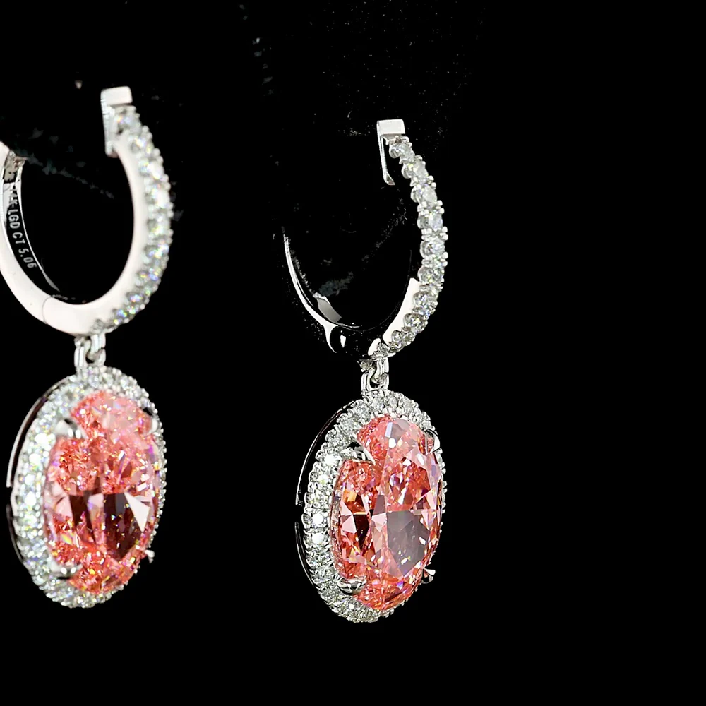 14K White Gold Oval Hanging Earrings with Fancy Pink Lab Diamond Center and Round Brilliant Halo - 4.66 Total Carat Weight - Covaloro Fine Jewelry - Image 3