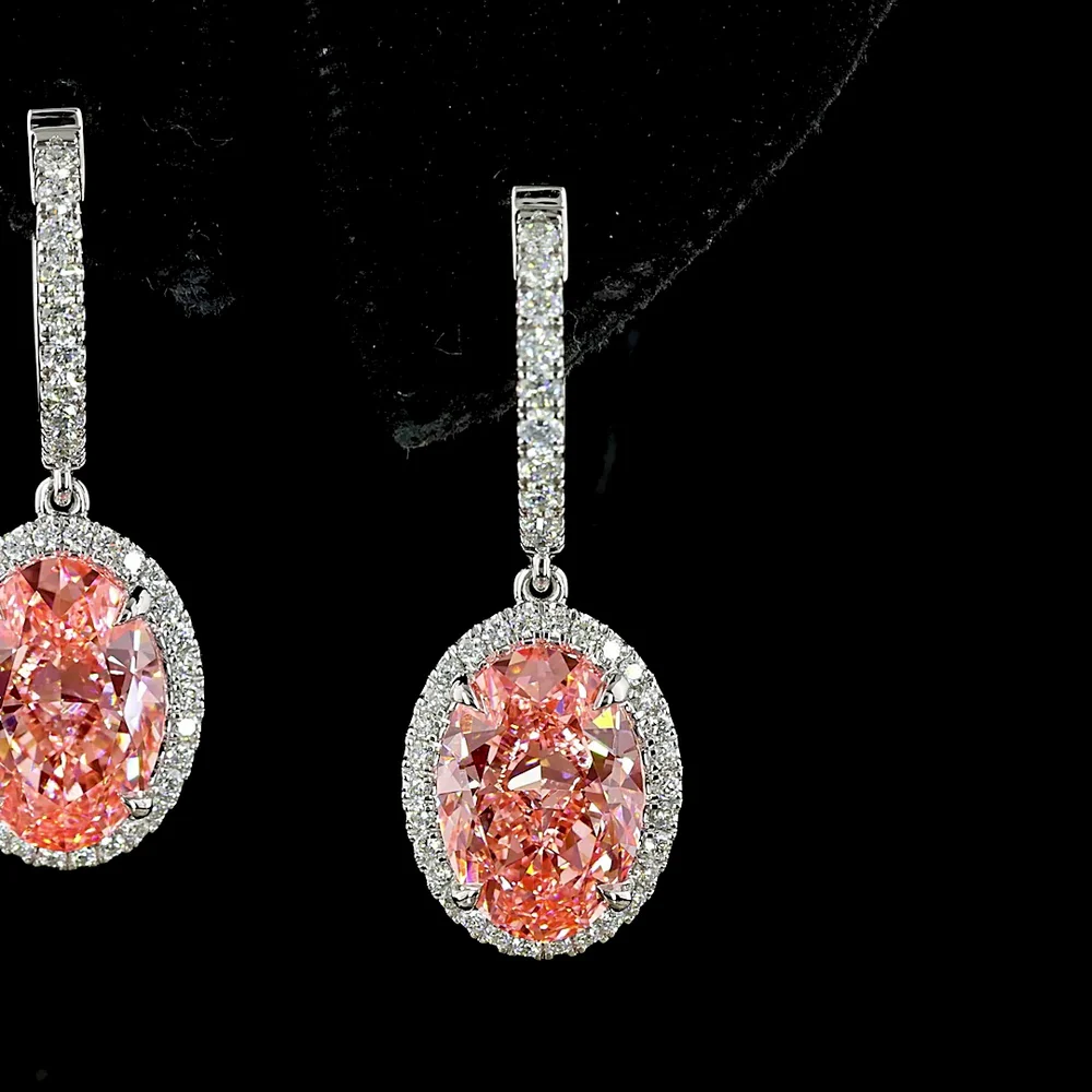14K White Gold Oval Hanging Earrings with Fancy Pink Lab Diamond Center and Round Brilliant Halo - 4.66 Total Carat Weight - Covaloro Fine Jewelry - Image 4