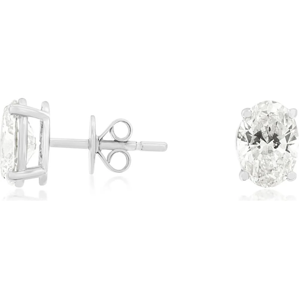 14K White Gold Oval Lab Grown Diamond Stud Earrings with Prong Set Diamonds - 2 Carat Total Diamond Weight - Royal Jewelry