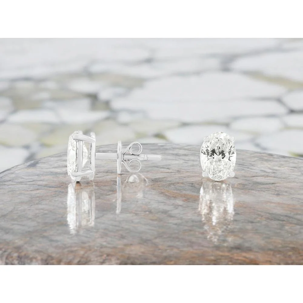 14K White Gold Oval Lab Grown Diamond Stud Earrings with Prong Set Diamonds - 2 Carat Total Diamond Weight - Royal Jewelry - Image 2