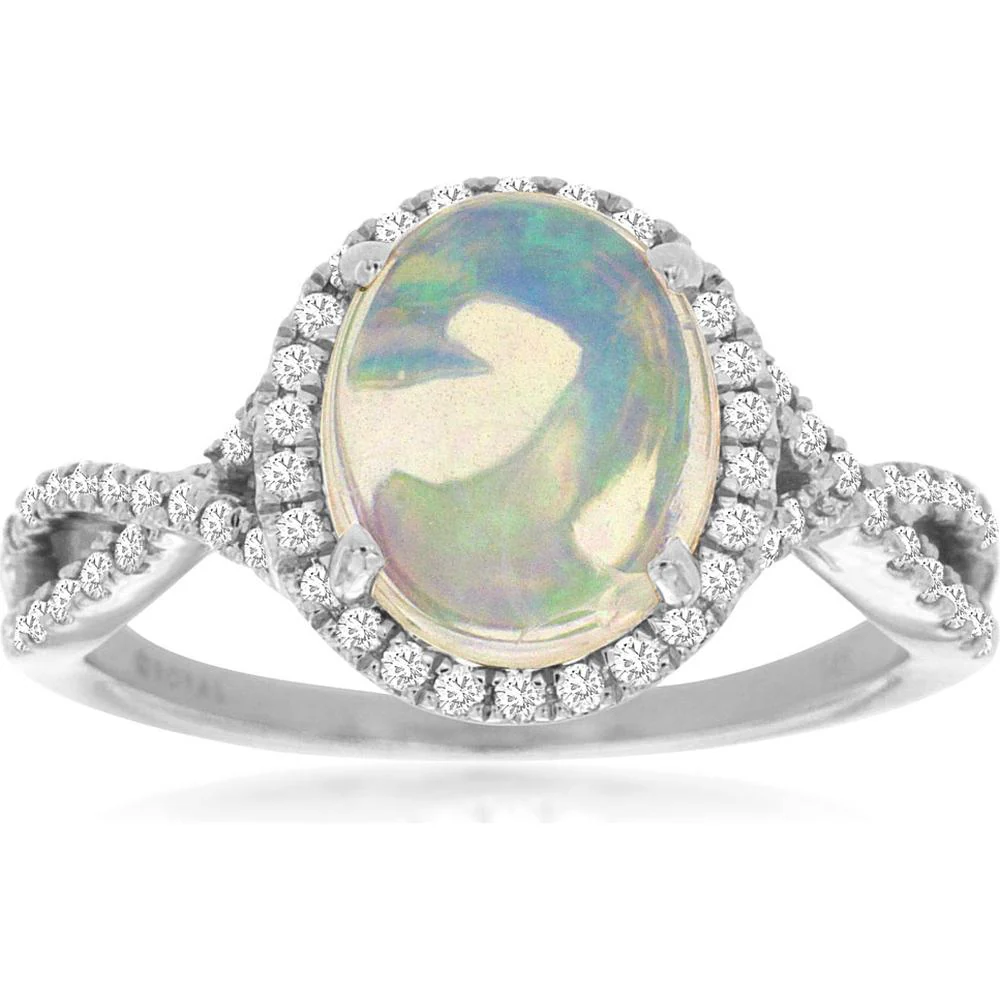 14K White Gold Oval Opal and Diamond Halo Ring with Split Shank - 1.70 Carat Opal and 0.30 Carat Total Diamond Weight - Royal Jewelry