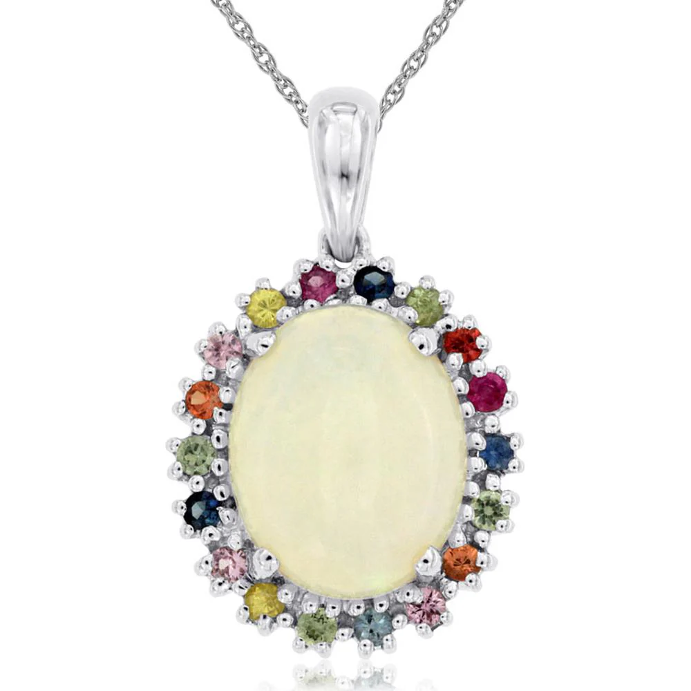 14K White Gold Oval Opal Pendant with Multi-Color Sapphire Halo - 3.40 Carat Total Gem Weight - Royal Jewelry