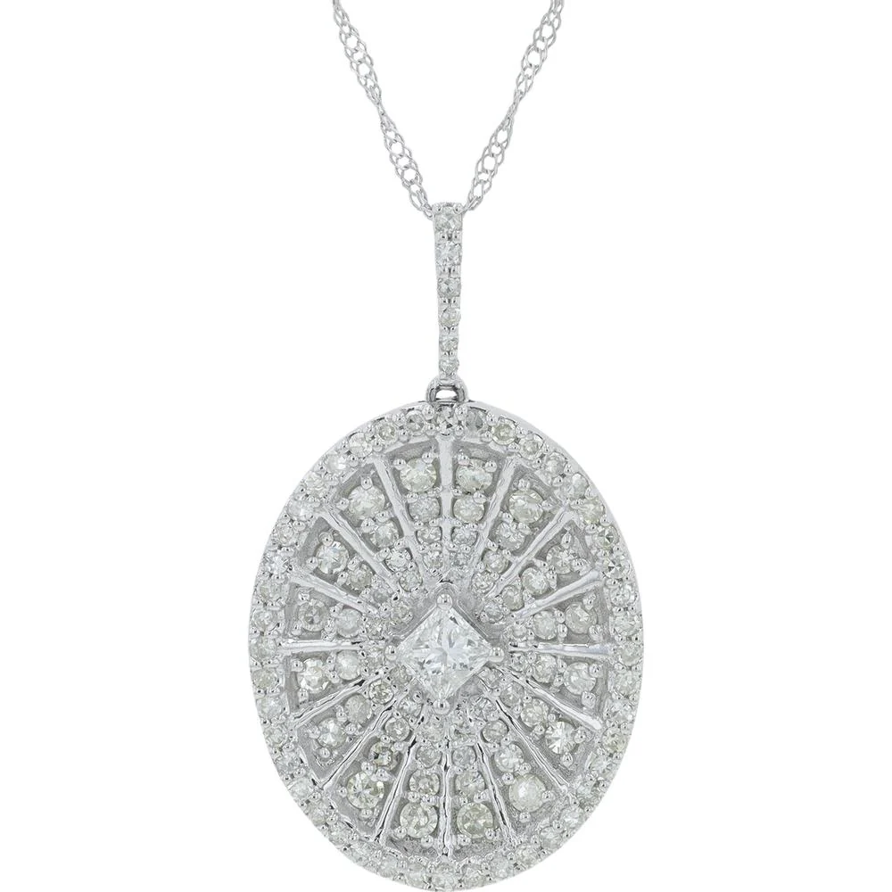 14K White Gold Oval Pendant with 0.20 Carat Princess Cut Center Diamond and 1.00 Carat Total Round Diamond Halo