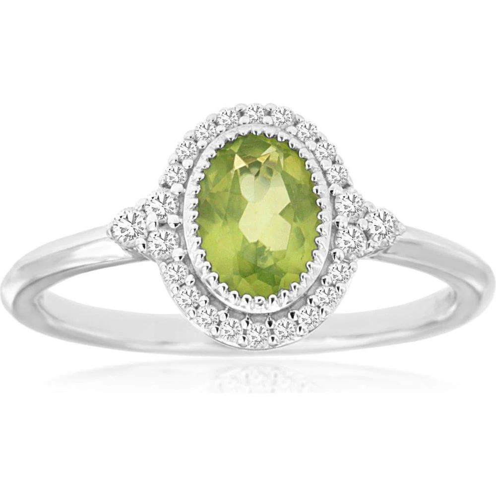 14K White Gold Oval Peridot and Diamond Halo Ring with Milgrain-Inspired Detail - 0.78 Carat Peridot and 0.16 Carat Total Diamond Weight - Royal Jewelry