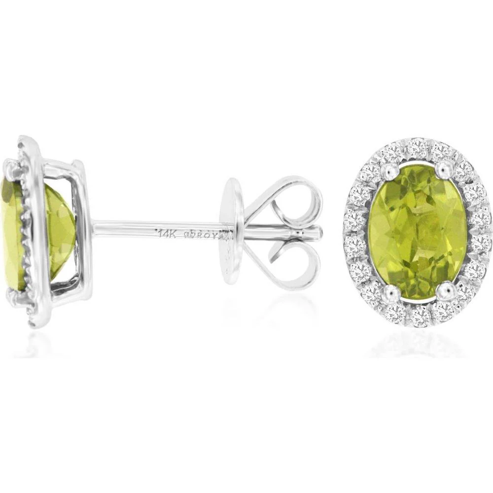 14K White Gold Oval Peridot and Diamond Halo Stud Earrings - 1.80 Carats Total Peridot Weight - Royal Jewelry