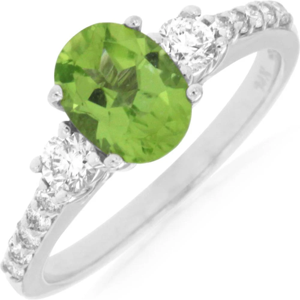14K White Gold Oval Peridot and Diamond Three-Stone Ring - 1.25 Carat Peridot, 0.45 Carat Total Diamond Weight - Royal Jewelry
