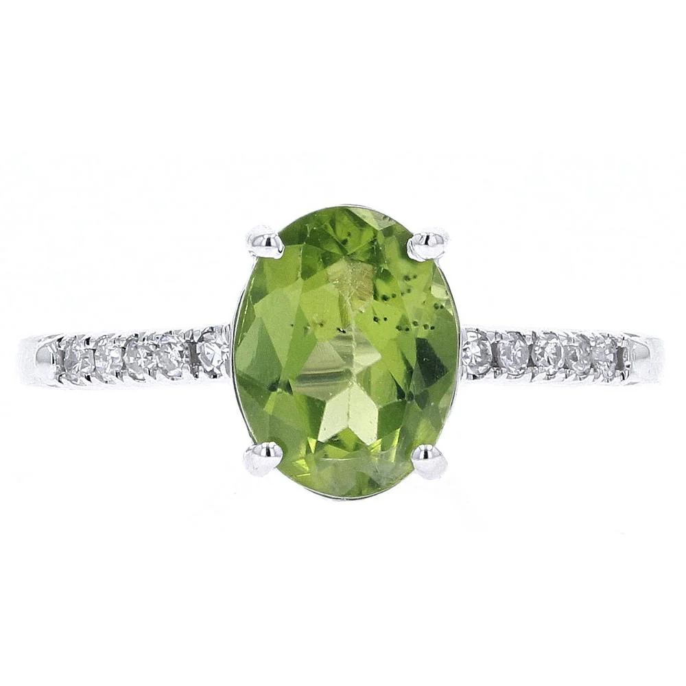 14K White Gold Oval Peridot Birthstone Ring with Diamond Accents - 0.10 Carat Total Diamond Weight