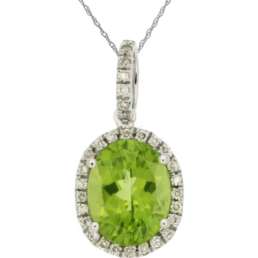 14K White Gold Oval Peridot Halo Pendant with Round Diamonds - 2.80 Carat Peridot and 0.18 Carat Total Diamond Weight - Royal Jewelry