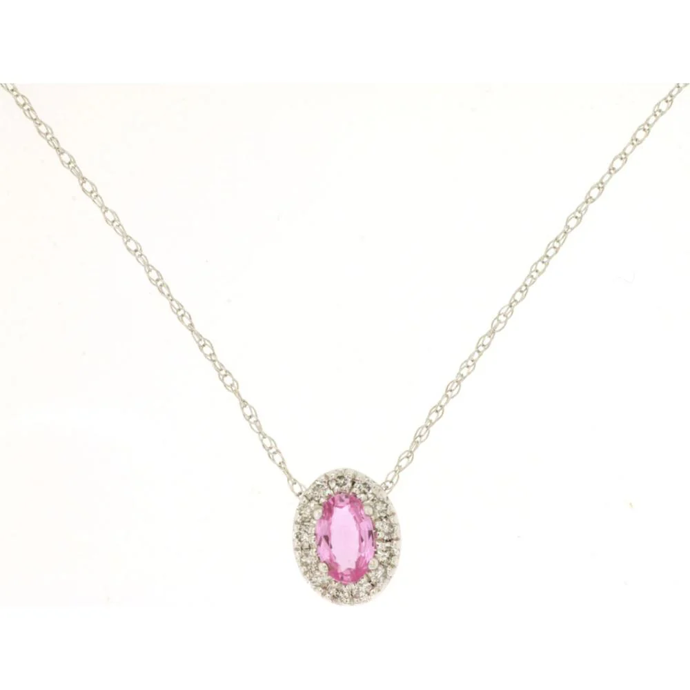 14K White Gold Oval Pink Sapphire and Diamond Halo Pendant Necklace - 0.38 Carat Pink Sapphire and 0.10 Carat Diamonds - Royal Jewelry