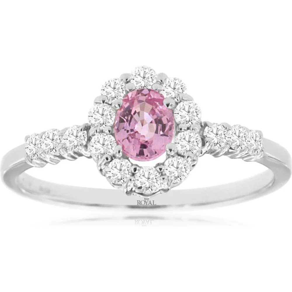 14K White Gold Oval Pink Sapphire and Diamond Halo Ring with 0.42 Carat Pink Sapphire and 0.38 Carat Total Diamond Weight - Royal Jewelry