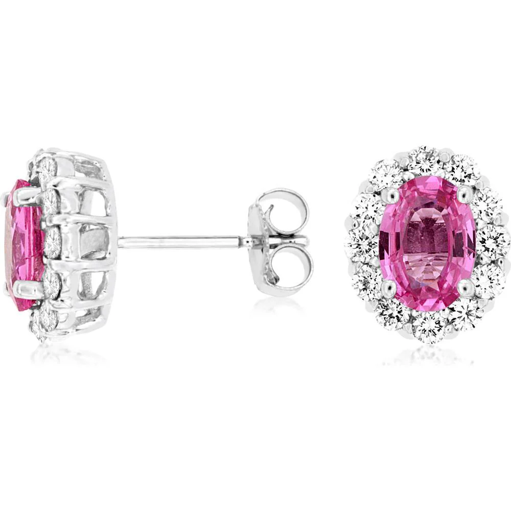 14K White Gold Oval Pink Sapphire and Diamond Halo Stud Earrings - 2.00 Carat Total Pink Sapphire Weight, 0.60 Carat Total Diamond Weight - Royal Jewelry