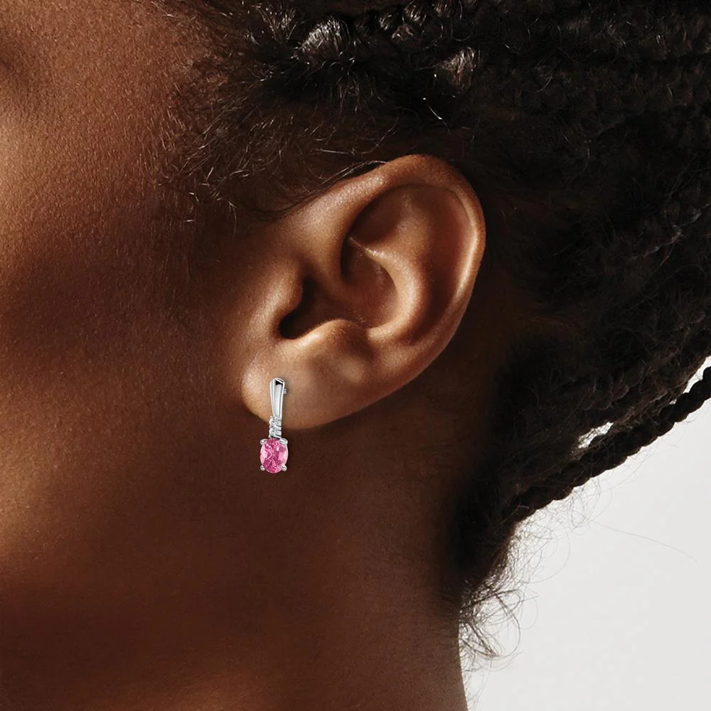 14K White Gold Oval Pink Tourmaline and Round Diamond Dangle Earrings - 0.35 Carat Total Gemstone Weight by Oro Pregiato - Image 3