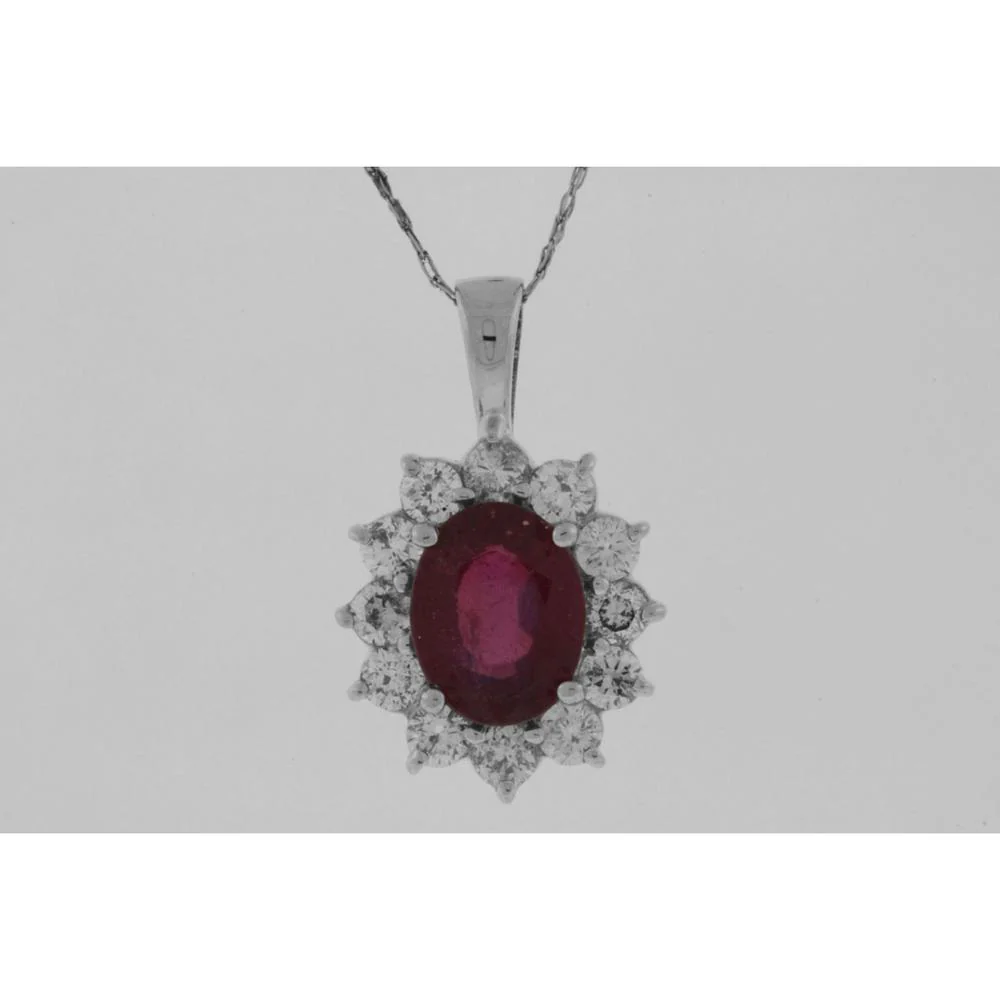 14K White Gold Oval Ruby & Diamond Halo Pendant – 2.30 Carat Ruby with 1.00 Carat Total Diamond Weight - Royal Jewelry