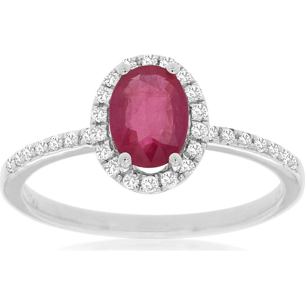 14K White Gold Oval Ruby and Diamond Halo Ring with Diamond Accented Band - 0.90 Carat Ruby and 0.17 Carat Total Diamond Weight - Royal Jewelry